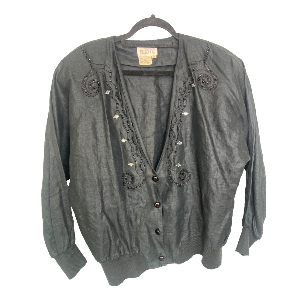 Vintage 80s Black Linen Beaded‎ Cardigan Embroidered Boho Glam Cropped Jacket 10